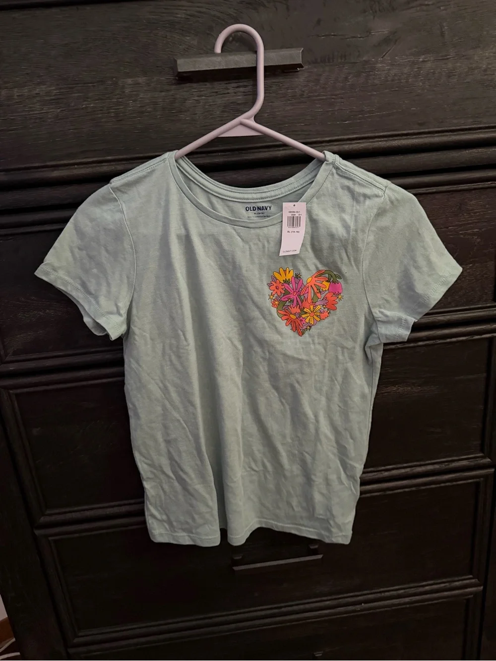 Old Navy Mint Blue Tee with Floral Heart Patch